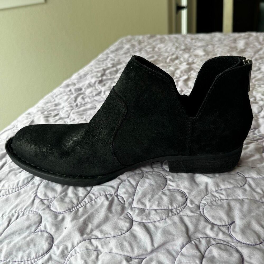 Børn Kerri Black Suede Ankle Bootie – V-Cut Collar | Back Zip | Low Stacked Heel
